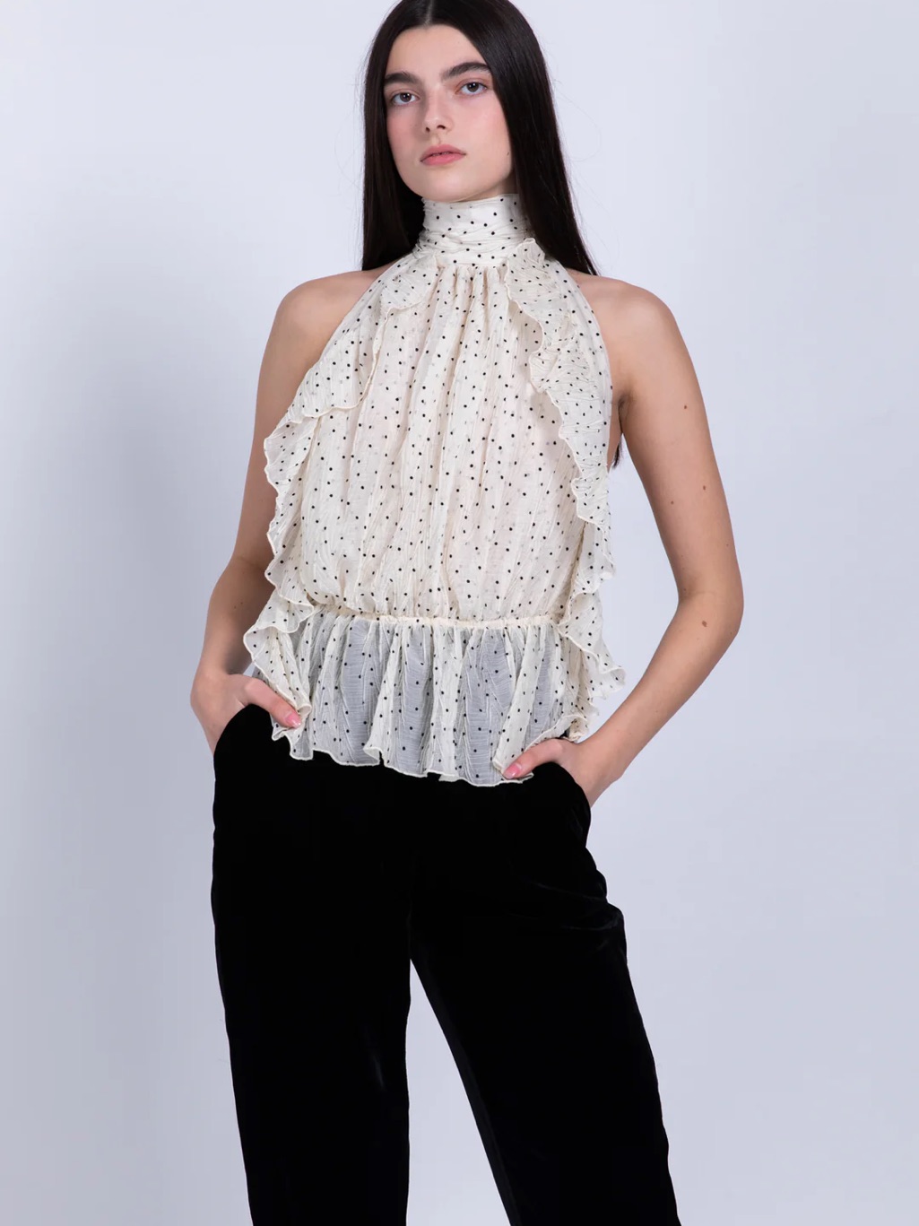 Sabina Musayev Ivory Polka-Dot High-Neck Open Back Top